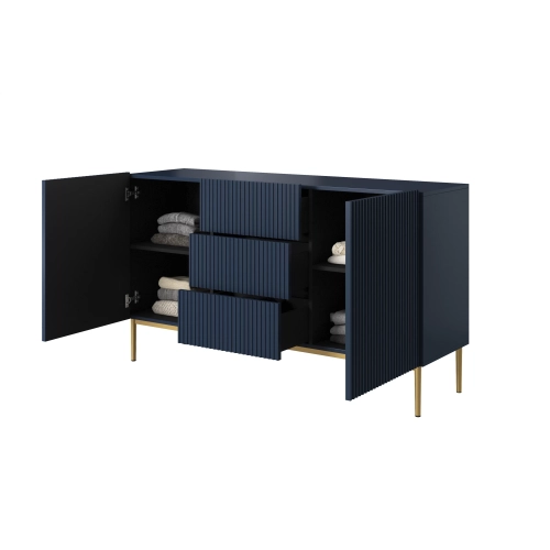 Komoda Nicole 150 cm z szufladami i półkami - granat / złote nóżki - Limitowana oferta